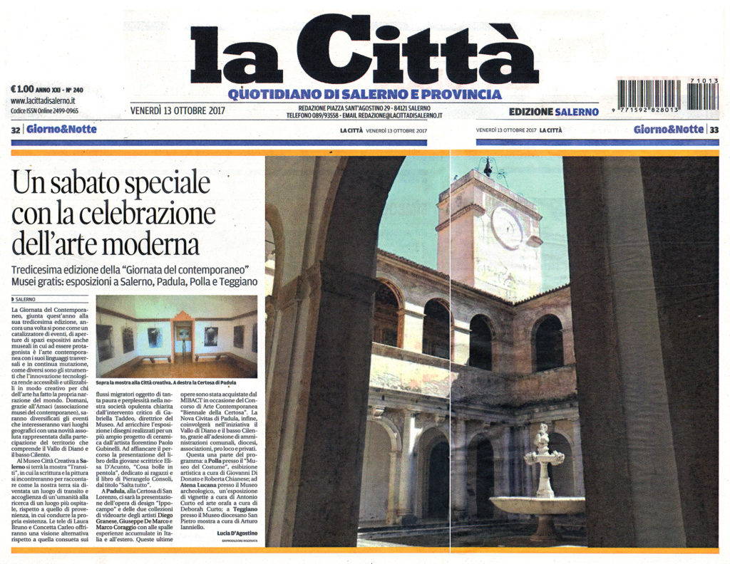 La Certosa Contemporanea | Articolo tratto da “La Città”, quotidiano di Salerno e provincia, del 13 Ottobre 2017